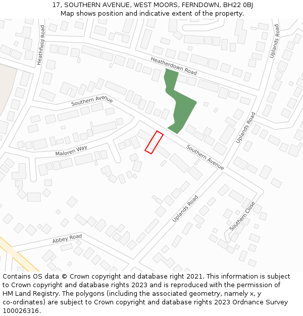 17, SOUTHERN AVENUE, WEST MOORS, FERNDOWN, BH22 0BJ: Location map and indicative extent of plot