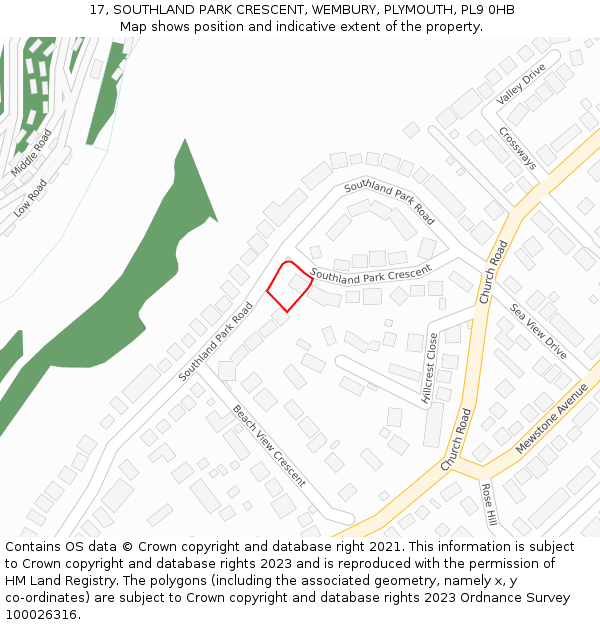 17, SOUTHLAND PARK CRESCENT, WEMBURY, PLYMOUTH, PL9 0HB: Location map and indicative extent of plot