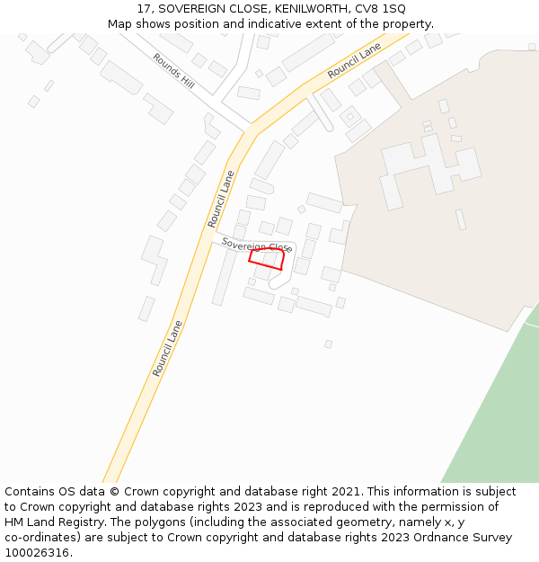 17, SOVEREIGN CLOSE, KENILWORTH, CV8 1SQ: Location map and indicative extent of plot