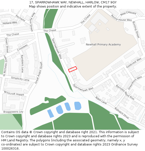 17, SPARROWHAWK WAY, NEWHALL, HARLOW, CM17 9GY: Location map and indicative extent of plot