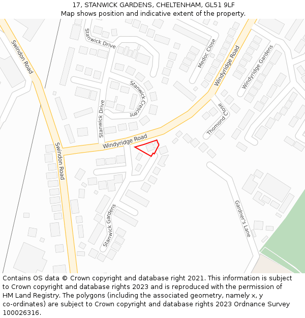 17, STANWICK GARDENS, CHELTENHAM, GL51 9LF: Location map and indicative extent of plot