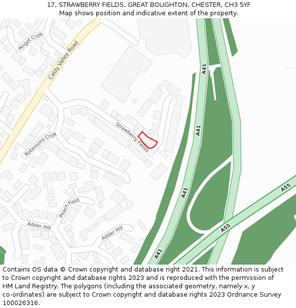 17, STRAWBERRY FIELDS, GREAT BOUGHTON, CHESTER, CH3 5YF: Location map and indicative extent of plot