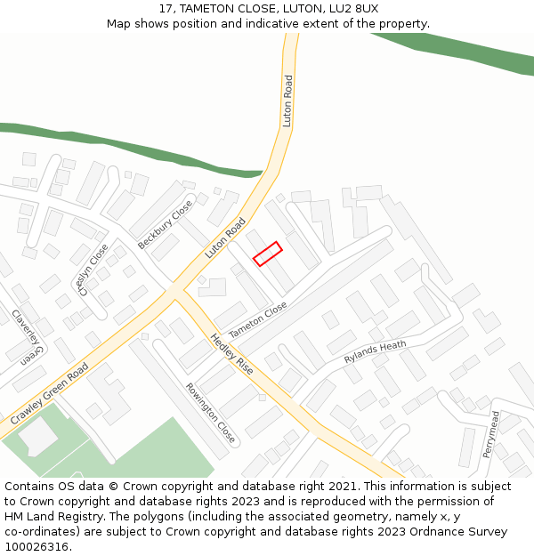 17, TAMETON CLOSE, LUTON, LU2 8UX: Location map and indicative extent of plot