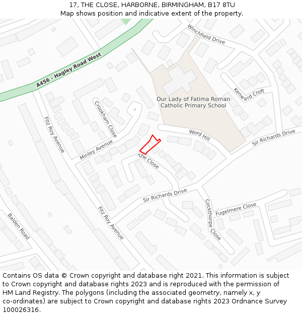 17, THE CLOSE, HARBORNE, BIRMINGHAM, B17 8TU: Location map and indicative extent of plot