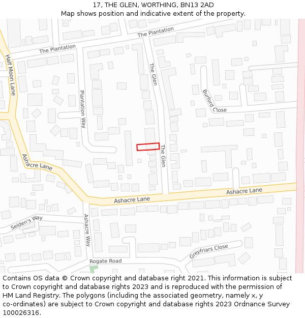 17, THE GLEN, WORTHING, BN13 2AD: Location map and indicative extent of plot