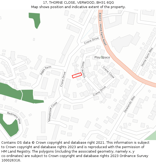 17, THORNE CLOSE, VERWOOD, BH31 6QG: Location map and indicative extent of plot