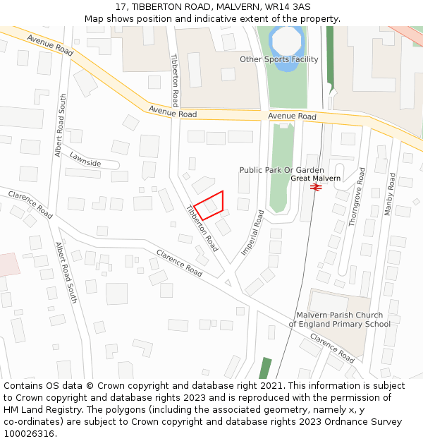 17, TIBBERTON ROAD, MALVERN, WR14 3AS: Location map and indicative extent of plot