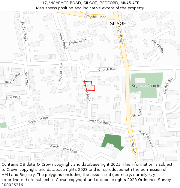 17, VICARAGE ROAD, SILSOE, BEDFORD, MK45 4EF: Location map and indicative extent of plot