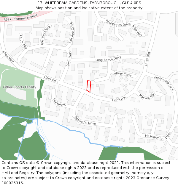 17, WHITEBEAM GARDENS, FARNBOROUGH, GU14 0PS: Location map and indicative extent of plot