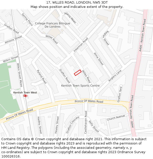 17, WILLES ROAD, LONDON, NW5 3DT: Location map and indicative extent of plot