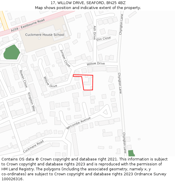 17, WILLOW DRIVE, SEAFORD, BN25 4BZ: Location map and indicative extent of plot