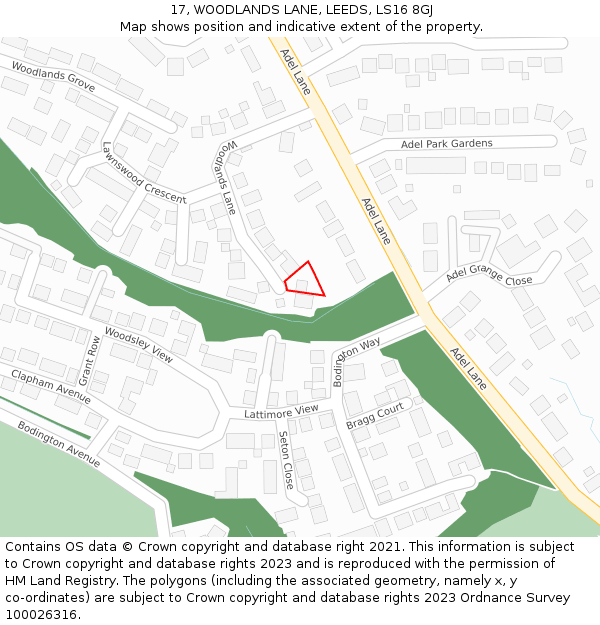 17, WOODLANDS LANE, LEEDS, LS16 8GJ: Location map and indicative extent of plot