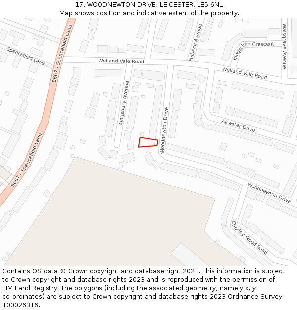 17, WOODNEWTON DRIVE, LEICESTER, LE5 6NL: Location map and indicative extent of plot