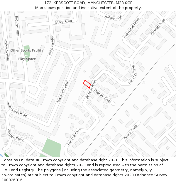 172, KERSCOTT ROAD, MANCHESTER, M23 0GP: Location map and indicative extent of plot