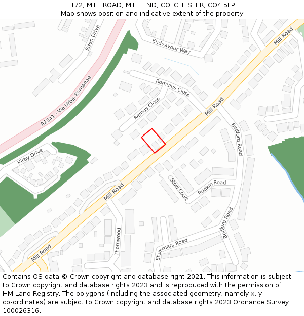 172, MILL ROAD, MILE END, COLCHESTER, CO4 5LP: Location map and indicative extent of plot