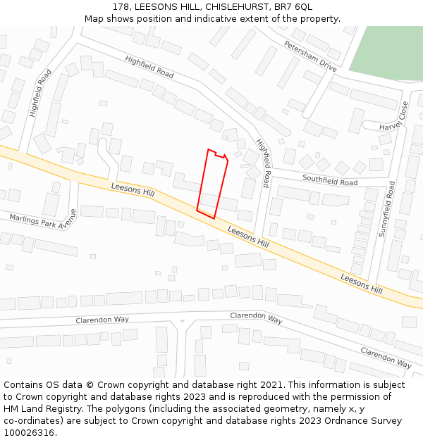 178, LEESONS HILL, CHISLEHURST, BR7 6QL: Location map and indicative extent of plot