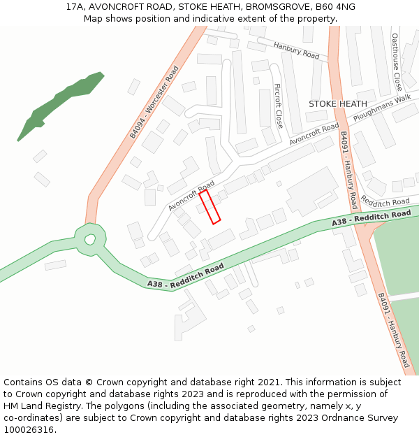 17A, AVONCROFT ROAD, STOKE HEATH, BROMSGROVE, B60 4NG: Location map and indicative extent of plot