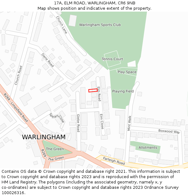 17A, ELM ROAD, WARLINGHAM, CR6 9NB: Location map and indicative extent of plot