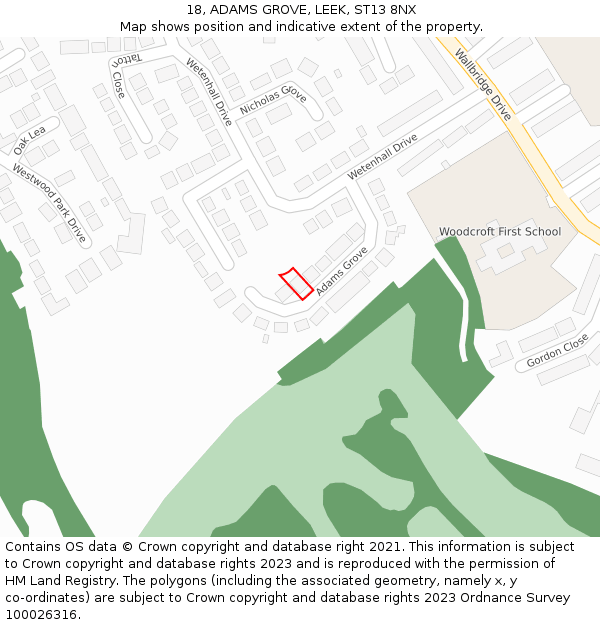 18, ADAMS GROVE, LEEK, ST13 8NX: Location map and indicative extent of plot