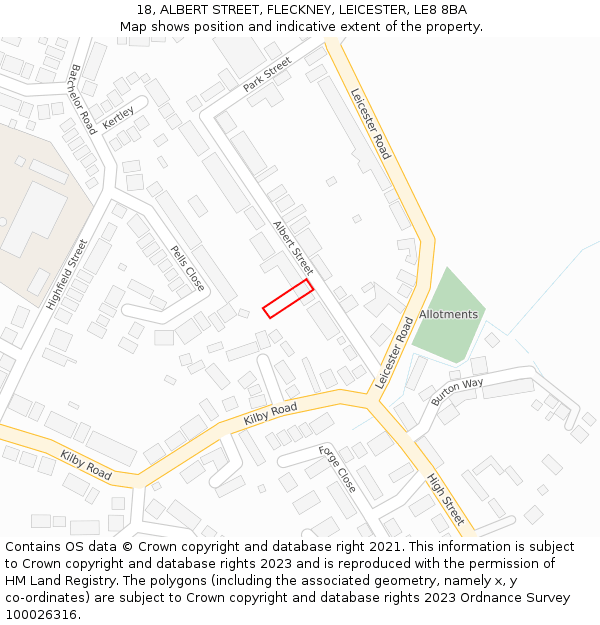 18, ALBERT STREET, FLECKNEY, LEICESTER, LE8 8BA: Location map and indicative extent of plot