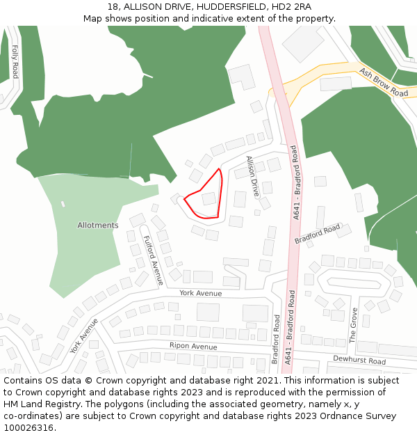 18, ALLISON DRIVE, HUDDERSFIELD, HD2 2RA: Location map and indicative extent of plot