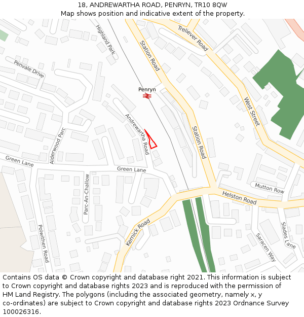 18, ANDREWARTHA ROAD, PENRYN, TR10 8QW: Location map and indicative extent of plot