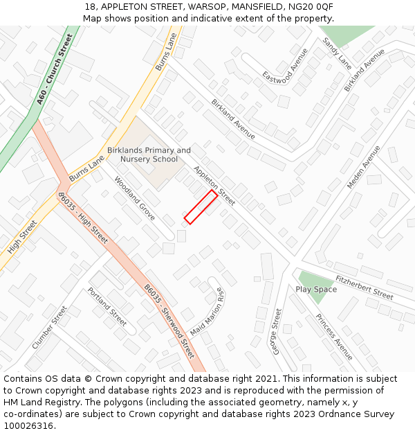 18, APPLETON STREET, WARSOP, MANSFIELD, NG20 0QF: Location map and indicative extent of plot