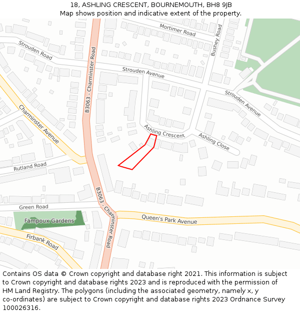 18, ASHLING CRESCENT, BOURNEMOUTH, BH8 9JB: Location map and indicative extent of plot