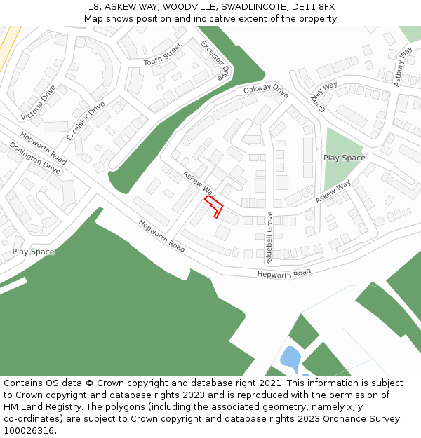 18, ASKEW WAY, WOODVILLE, SWADLINCOTE, DE11 8FX: Location map and indicative extent of plot