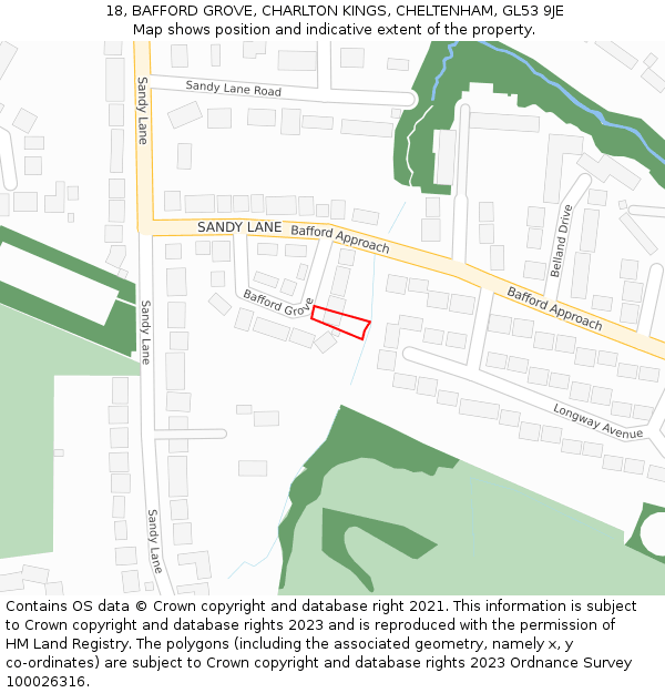 18, BAFFORD GROVE, CHARLTON KINGS, CHELTENHAM, GL53 9JE: Location map and indicative extent of plot