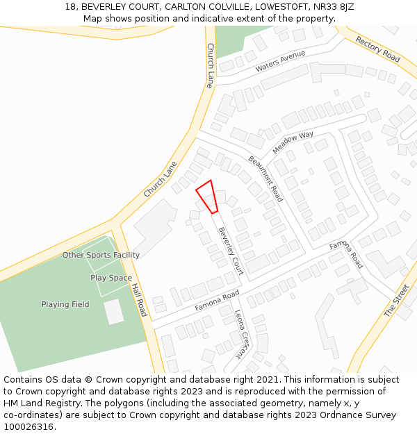 18, BEVERLEY COURT, CARLTON COLVILLE, LOWESTOFT, NR33 8JZ: Location map and indicative extent of plot