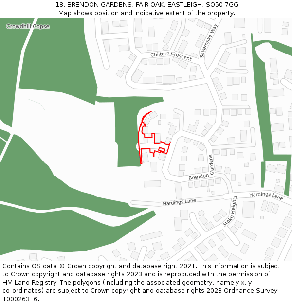 18, BRENDON GARDENS, FAIR OAK, EASTLEIGH, SO50 7GG: Location map and indicative extent of plot