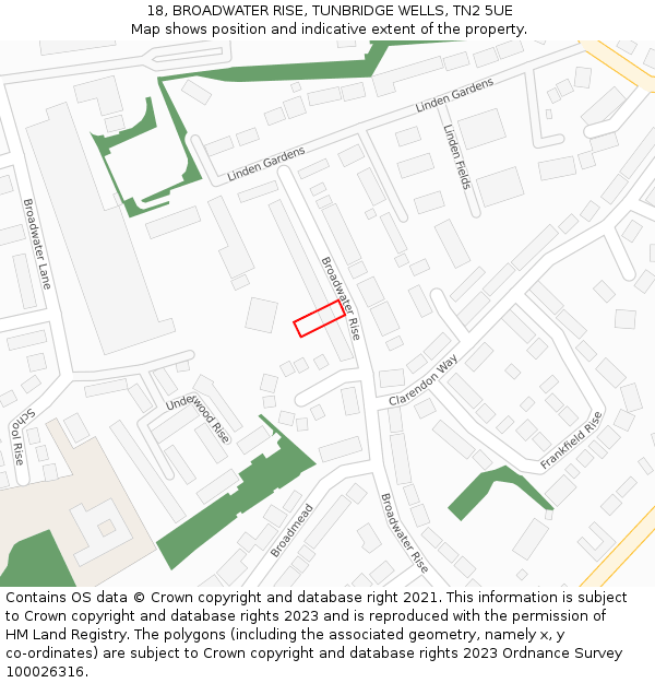 18, BROADWATER RISE, TUNBRIDGE WELLS, TN2 5UE: Location map and indicative extent of plot