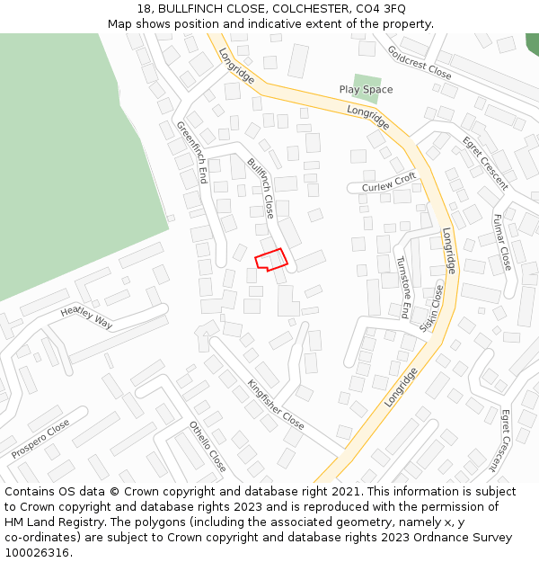 18, BULLFINCH CLOSE, COLCHESTER, CO4 3FQ: Location map and indicative extent of plot