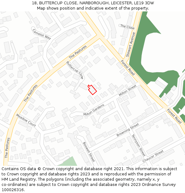 18, BUTTERCUP CLOSE, NARBOROUGH, LEICESTER, LE19 3DW: Location map and indicative extent of plot