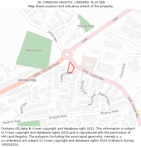 18, CARADON HEIGHTS, LISKEARD, PL14 3EB: Location map and indicative extent of plot