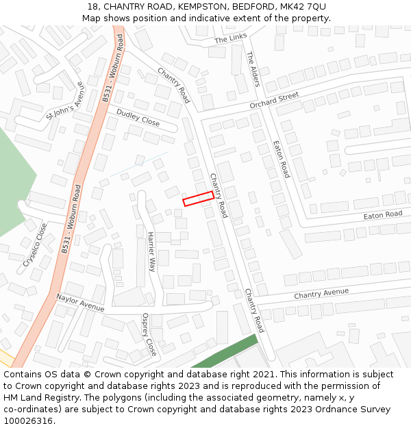 18, CHANTRY ROAD, KEMPSTON, BEDFORD, MK42 7QU: Location map and indicative extent of plot