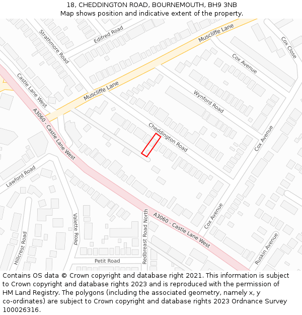 18, CHEDDINGTON ROAD, BOURNEMOUTH, BH9 3NB: Location map and indicative extent of plot