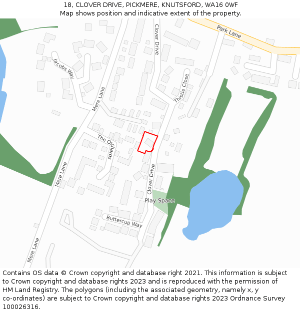 18, CLOVER DRIVE, PICKMERE, KNUTSFORD, WA16 0WF: Location map and indicative extent of plot