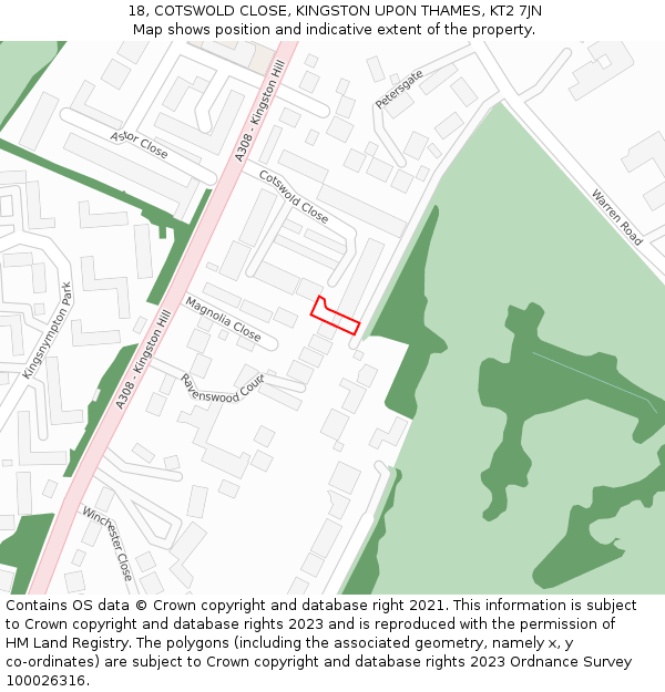 18, COTSWOLD CLOSE, KINGSTON UPON THAMES, KT2 7JN: Location map and indicative extent of plot