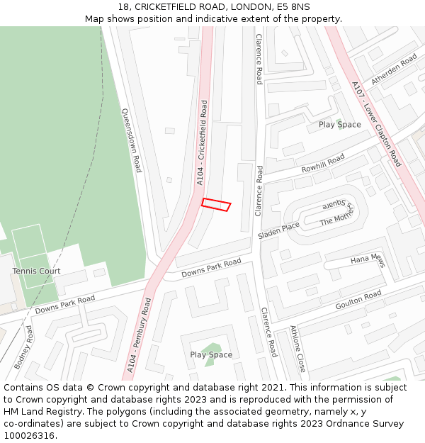 18, CRICKETFIELD ROAD, LONDON, E5 8NS: Location map and indicative extent of plot