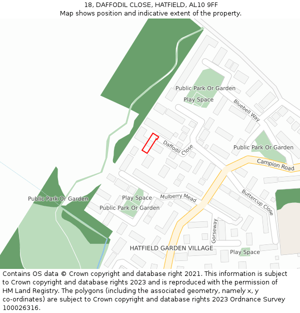 18, DAFFODIL CLOSE, HATFIELD, AL10 9FF: Location map and indicative extent of plot