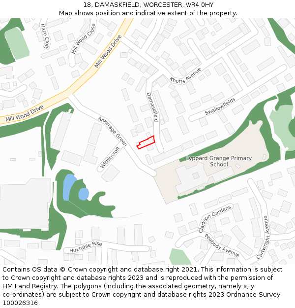 18, DAMASKFIELD, WORCESTER, WR4 0HY: Location map and indicative extent of plot