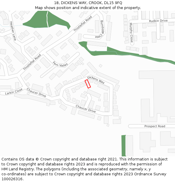 18, DICKENS WAY, CROOK, DL15 9FQ: Location map and indicative extent of plot