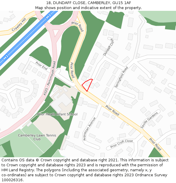 18, DUNDAFF CLOSE, CAMBERLEY, GU15 1AF: Location map and indicative extent of plot