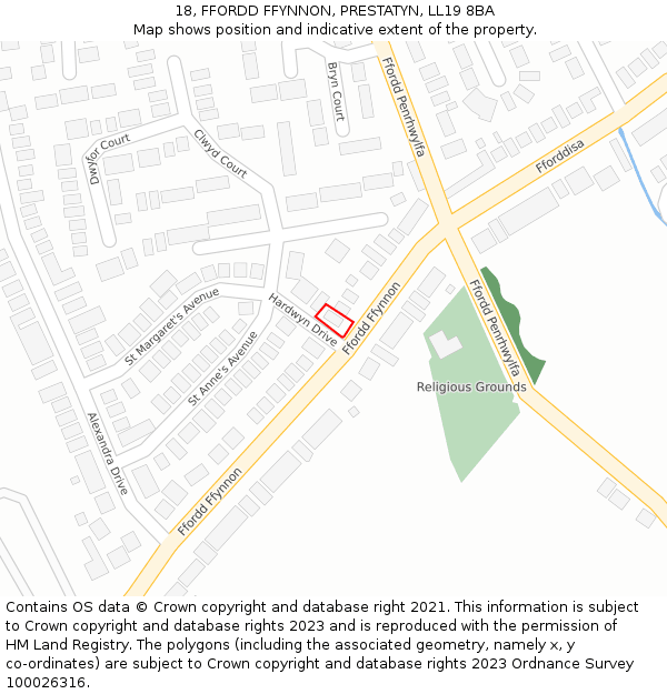 18, FFORDD FFYNNON, PRESTATYN, LL19 8BA: Location map and indicative extent of plot