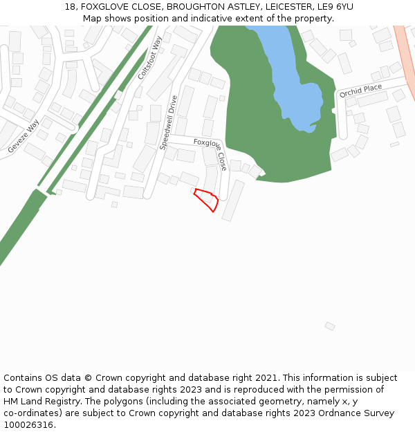 18, FOXGLOVE CLOSE, BROUGHTON ASTLEY, LEICESTER, LE9 6YU: Location map and indicative extent of plot