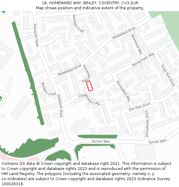 18, HOMEWARD WAY, BINLEY, COVENTRY, CV3 2UR: Location map and indicative extent of plot