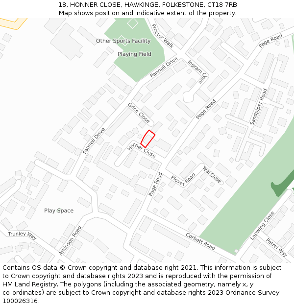 18, HONNER CLOSE, HAWKINGE, FOLKESTONE, CT18 7RB: Location map and indicative extent of plot