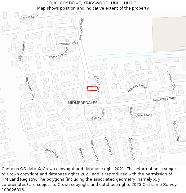 18, KILCOY DRIVE, KINGSWOOD, HULL, HU7 3HJ: Location map and indicative extent of plot